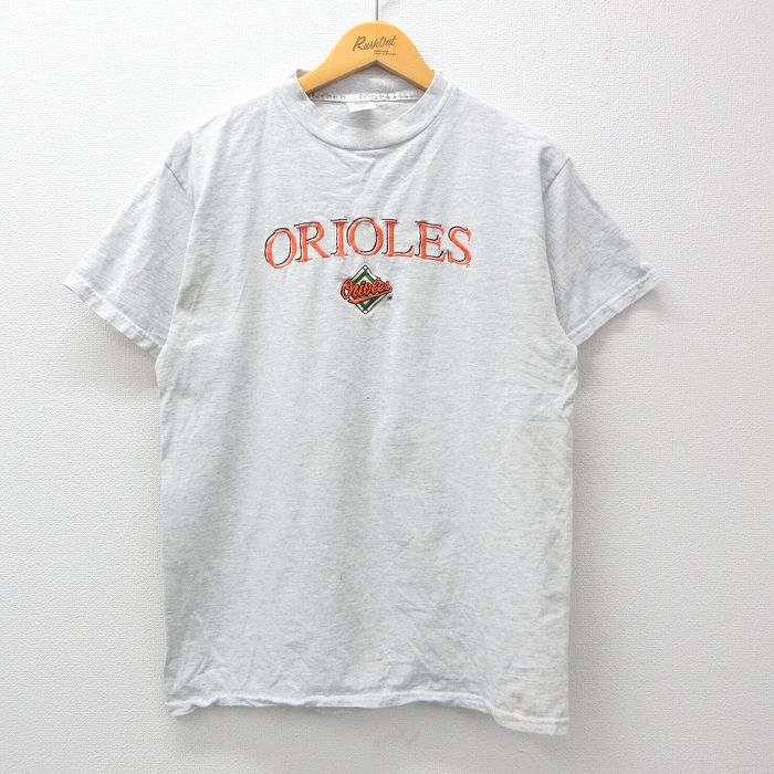 L★古着 半袖 ビンテージ Tシャツ メンズ 00年代 00s MLB ボルチモアオリオールズ 刺繍 クルーネック グレー 霜降り メジャーリーグ  ベースボール 野球 24mar25 中古