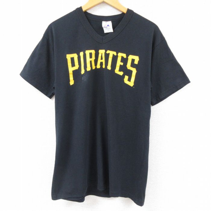 古着通販 L☆古着 マジェスティック 半袖 ビンテージ Tシャツ メンズ MLB 90年代 90s ピッツバーグパイレーツ Vネック USA製 黒  メジャーリーグ ベースボール 野球