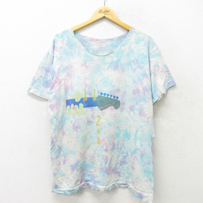 L★古着 半袖 ビンテージ ロック バンド Tシャツ メンズ 90年代 90s ウッドストック ボロ 水色 タイダイ 【spe】 23aug23 中古